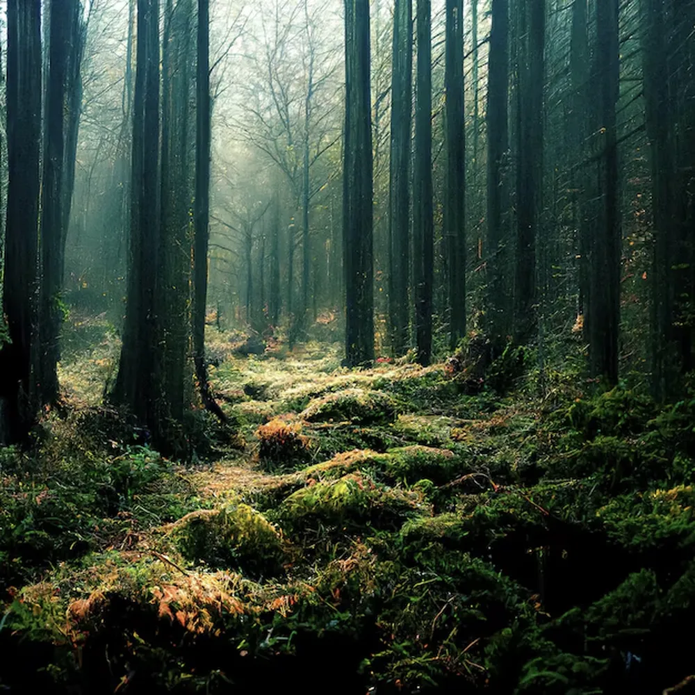 پوستر نور خورشید روی درختان جنگل با مه خزه سبز