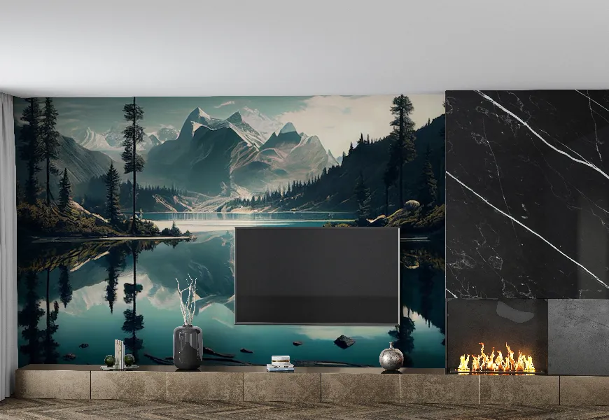 کاغذ دیواری سه بعدی طرح دریاچه زیبا با کوههای اطراف