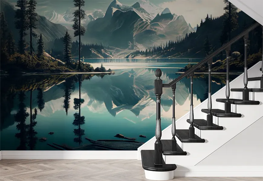 کاغذ دیواری سه بعدی طرح دریاچه زیبا با کوههای اطراف