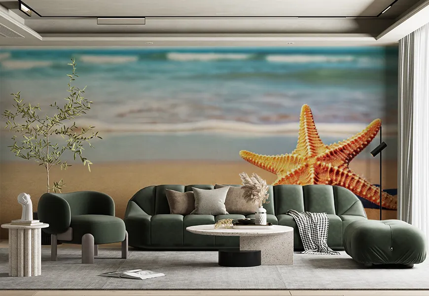 کاغذ دیواری 3 بعدی طرح کلوز آپ ستاره دریایی لب ساحل