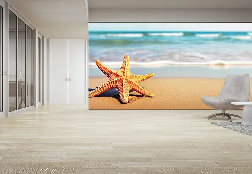 کاغذ دیواری 3 بعدی طرح کلوز آپ ستاره دریایی لب ساحل