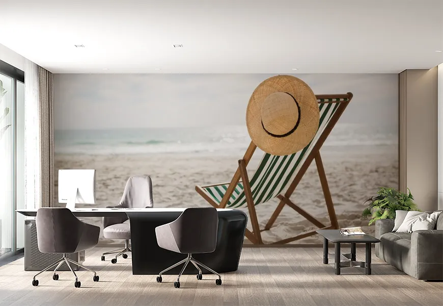 کاغذ دیواری سه بعدی طرح صندلی و کلاه حصیری کنار ساحل