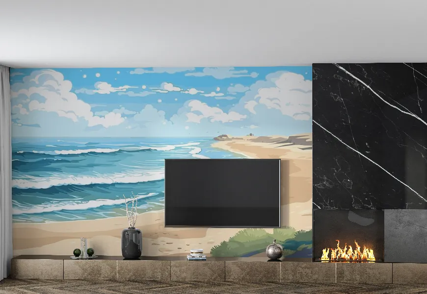 پوستر نقاشی طرح ساحل اقیانوس با امواج ملایم