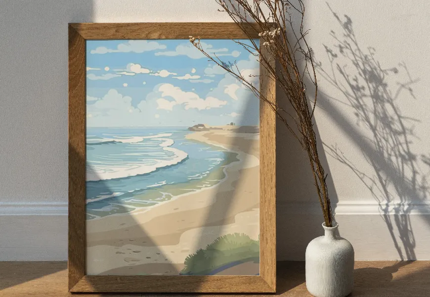 پوستر نقاشی طرح ساحل اقیانوس با امواج ملایم