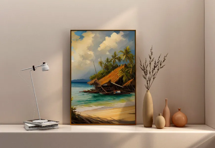 پوستر نقاشی آبرنگ طرح ساحل گرمسیری با خانه های ییلاقی