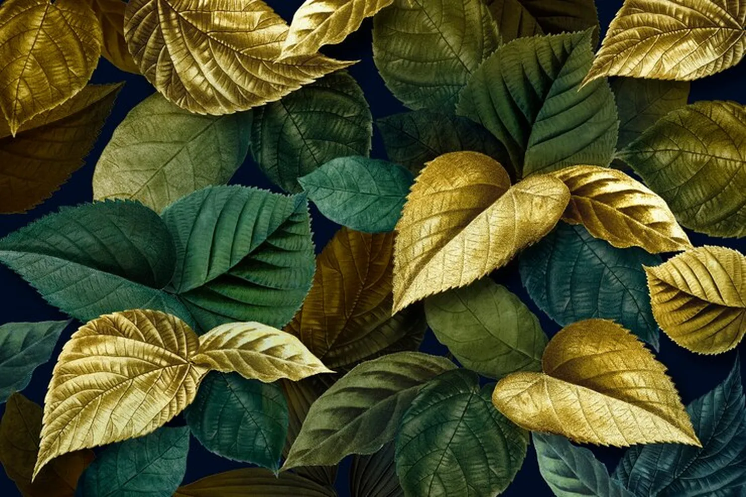 پوستر سه بعدی لاکچری طرح برگ های فلزی طلایی سبز