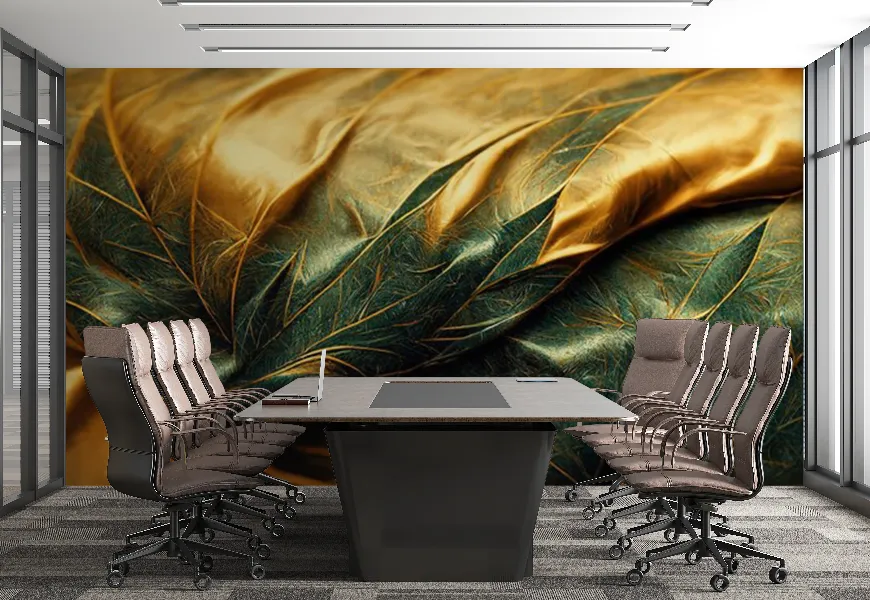پوستر 3 بعدی لاکچری طرح پارچه ابریشمی طلایی با برگ سبز