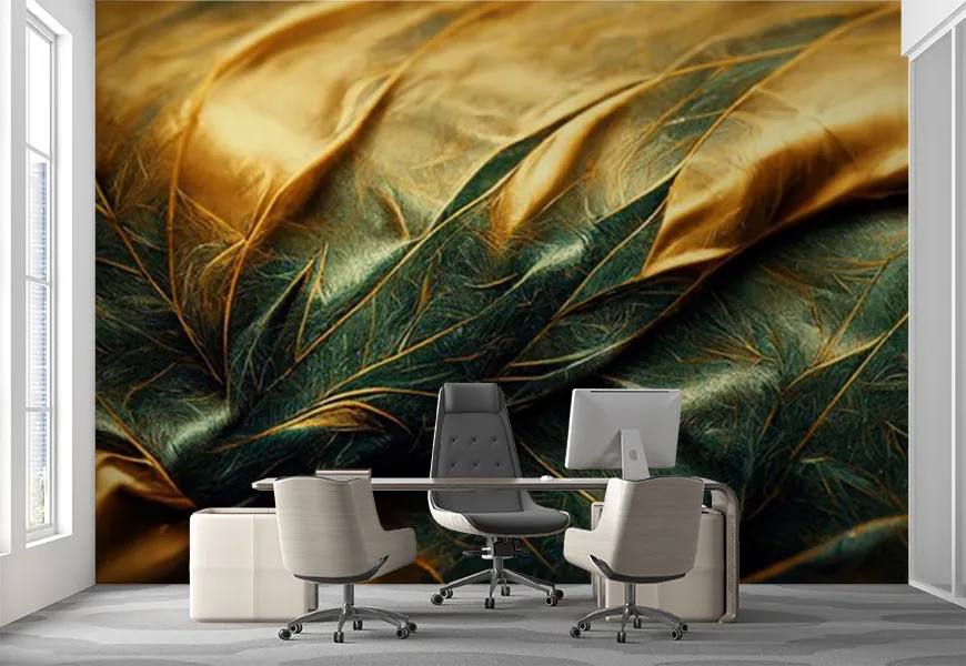 پوستر 3 بعدی لاکچری طرح پارچه ابریشمی طلایی با برگ سبز