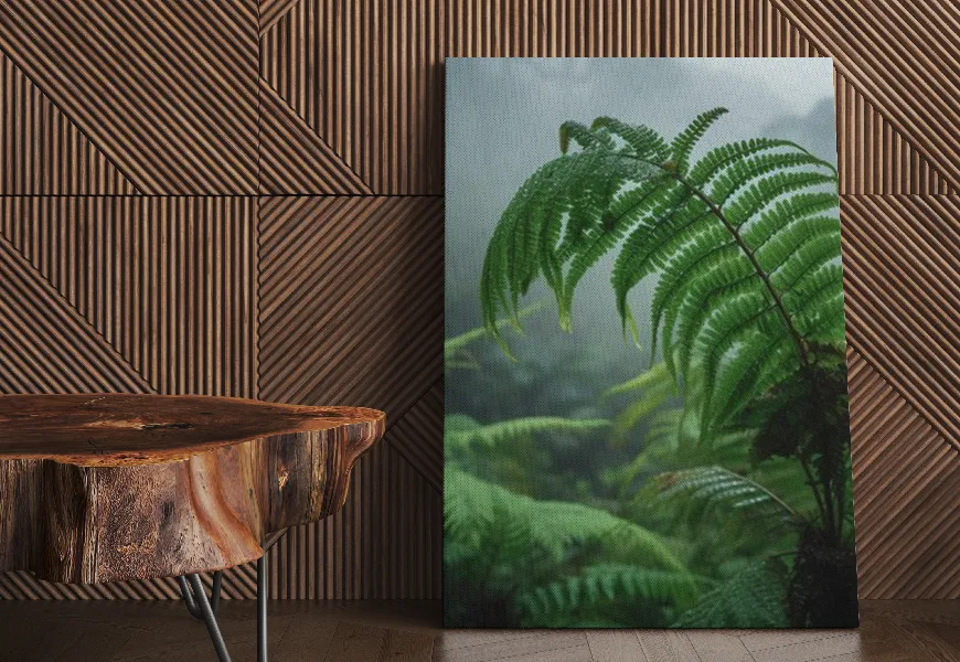 پوستر سه بعدی طرح سرخس سبز در جنگل درختی