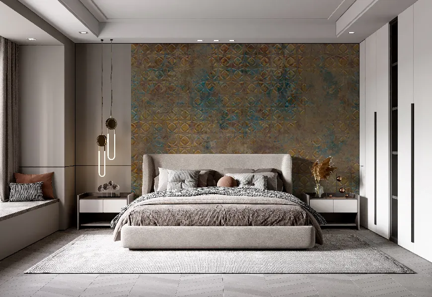 کاغذ دیواری سه بعدی اتاق خواب کلاسیک طرح کاشی رنگ مسی و آبی