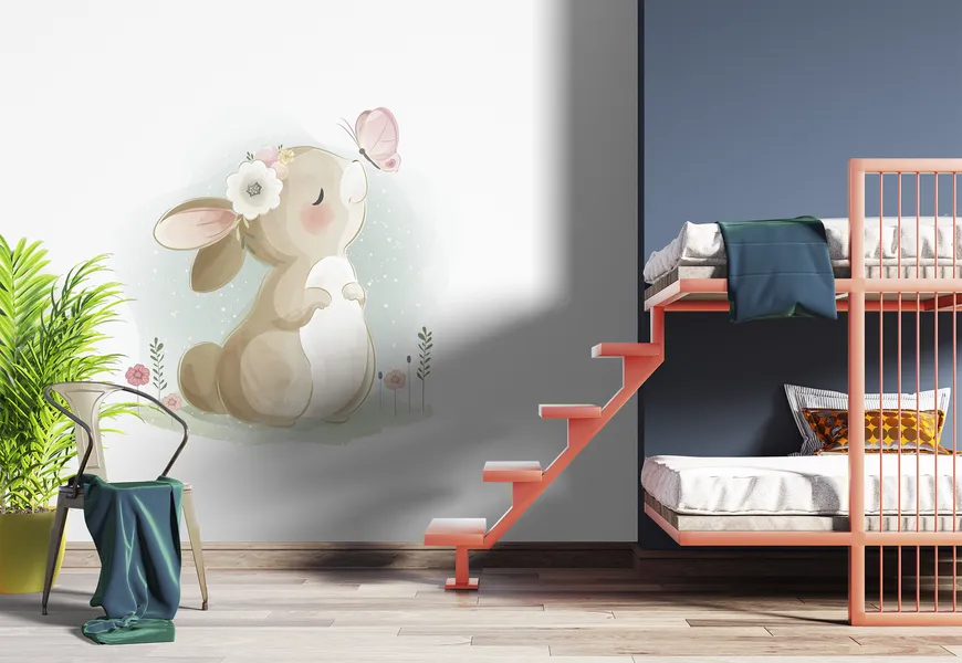 کاغذ دیواری 3 بعدی اتاق نوزاد طرح خرگوش و پروانه