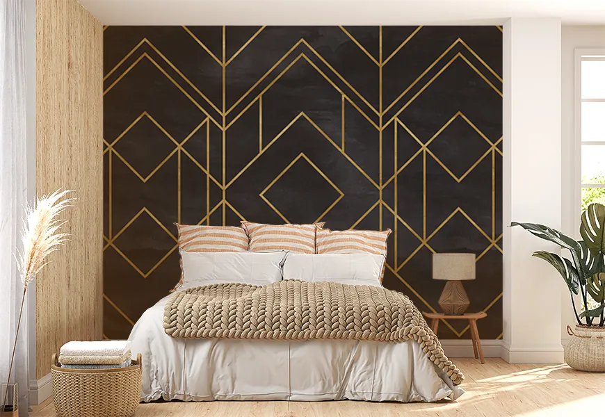 پوستر دیواری لاکچری اتاق خواب طرح اشکال هندسی لوزی طلایی زمینه پتینه