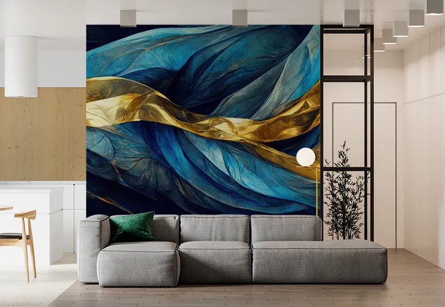 کاغذ دیواری مدرن طرح انتزاعی آبی طلایی