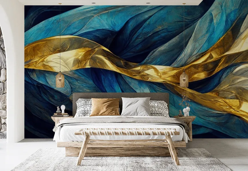 کاغذ دیواری مدرن طرح انتزاعی آبی طلایی