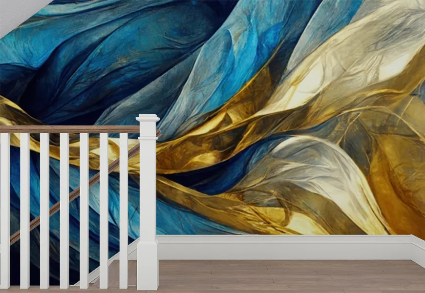 کاغذ دیواری مدرن راه پله طرح انتزاعی آبی طلایی