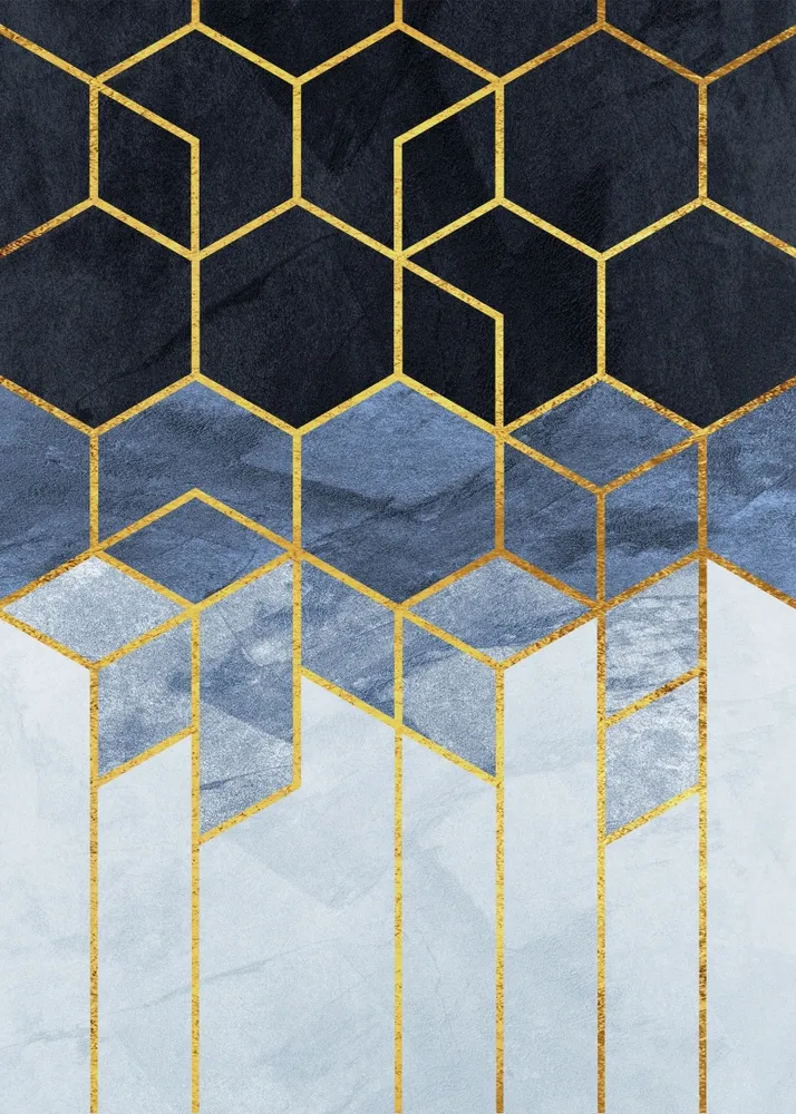 پوستر دیواری لاکچری طرح اشکال هندسی شش ضلعی آبی